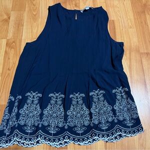 LOFT Navy Sleeveless Blouse with White Embroidery